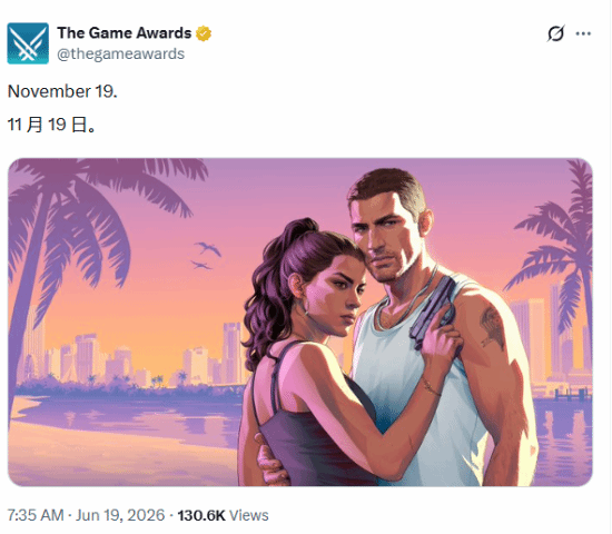 TGA为《GTA6》宣传!重申发售日期 预购将开启