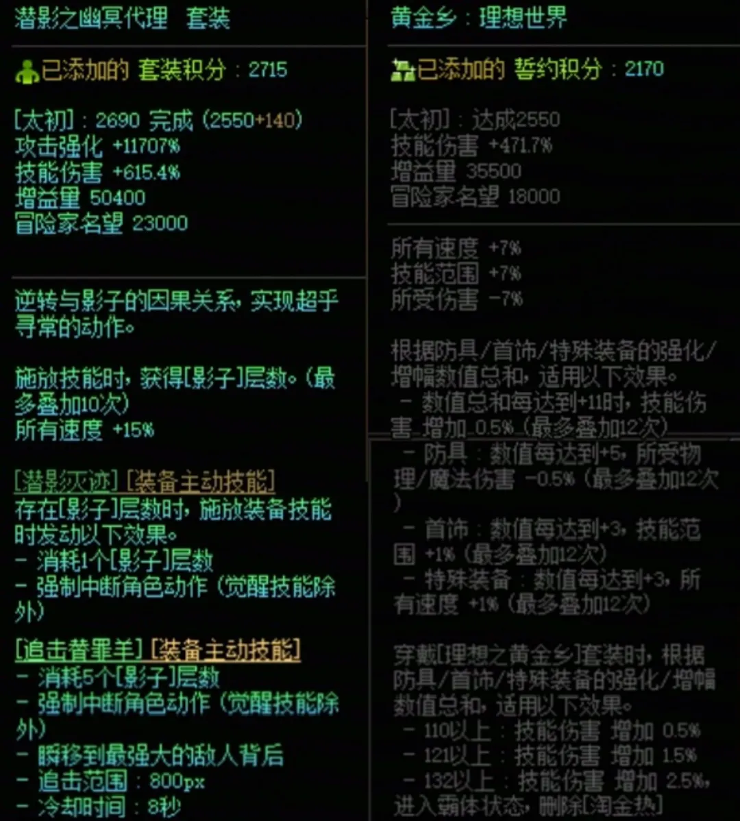 DNF潜影暗袭加黄金乡搭配属性是什么 DNF潜影暗袭加黄金乡搭配属性一览