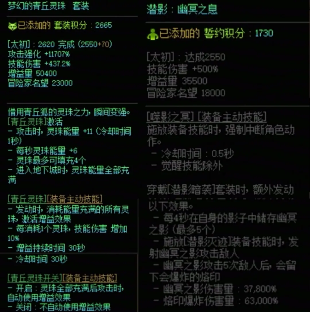 DNF青丘套加潜影暗袭搭配属性是什么 DNF青丘套加潜影暗袭搭配属性一览