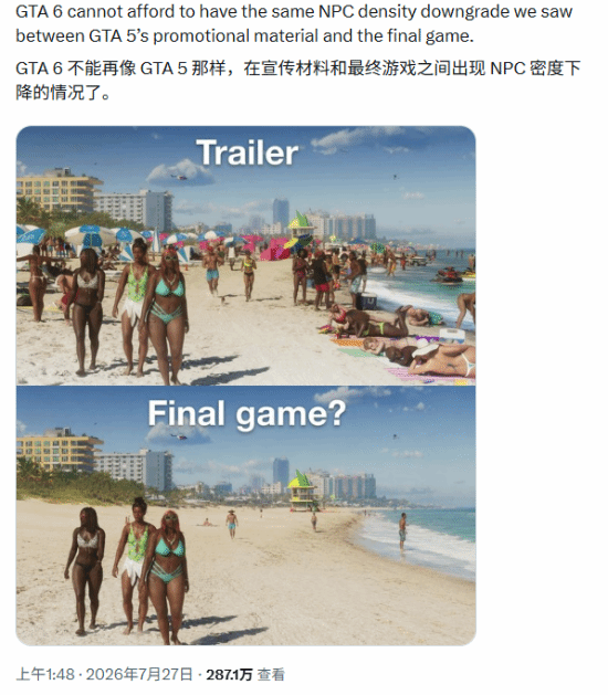 《GTA6》NPC会缩水？前作就是“预告骗” 老粉慌了